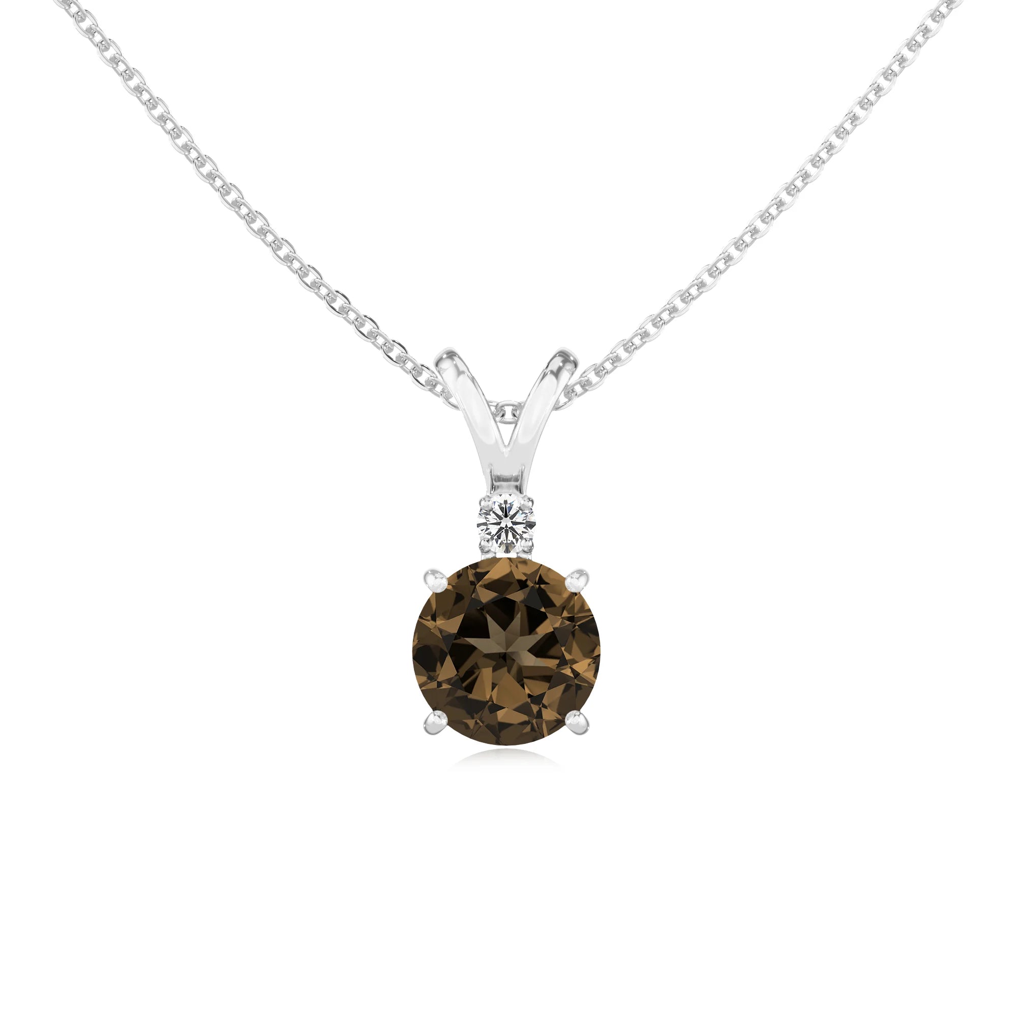 natural smoky-quartz round solitaire v-bale necklaces in white gold