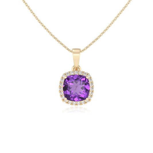 lab grown amethyst cushion solitaire necklaces in yellow gold