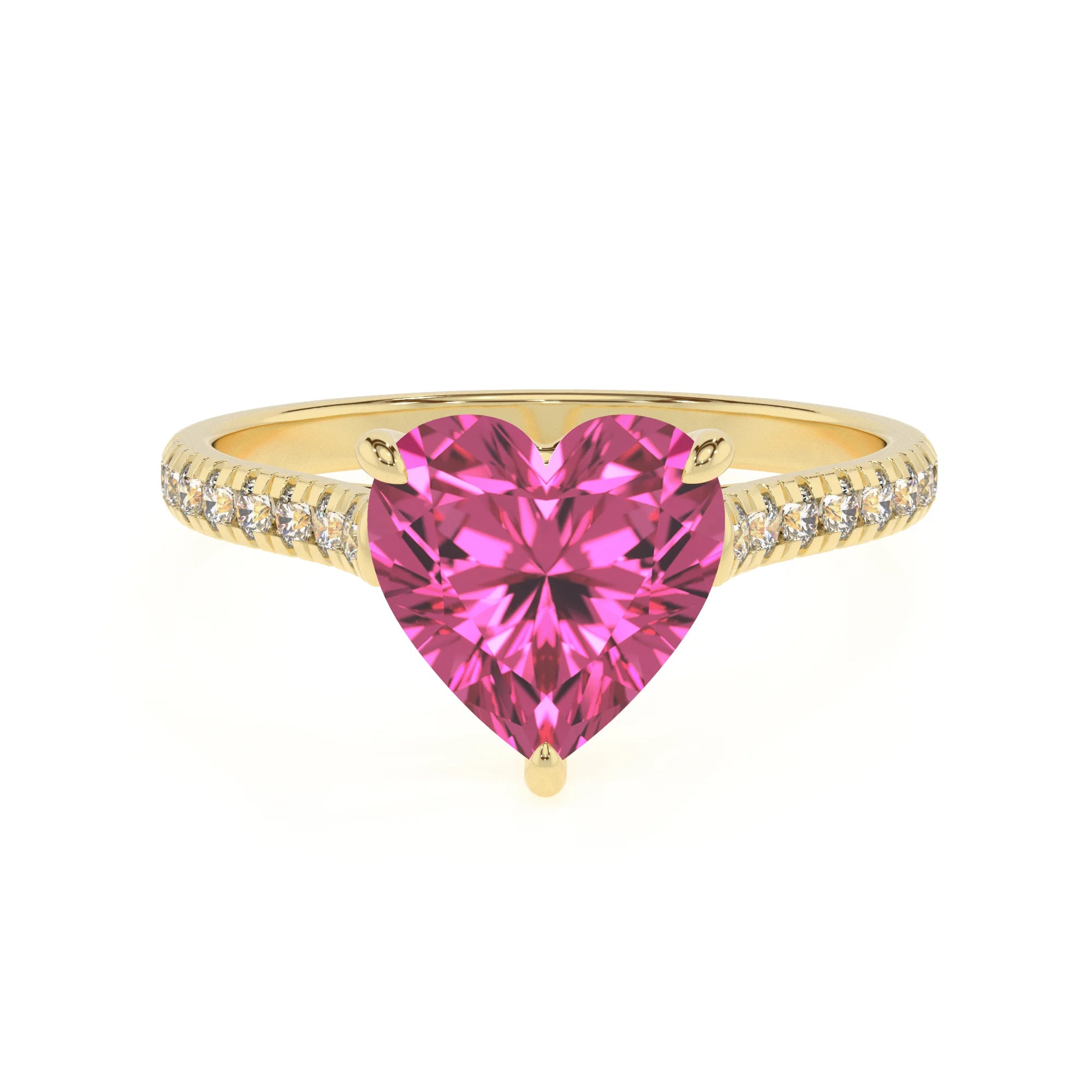 lab grown pink-sapphire heart half eternity solitaire engagement rings in yellow gold