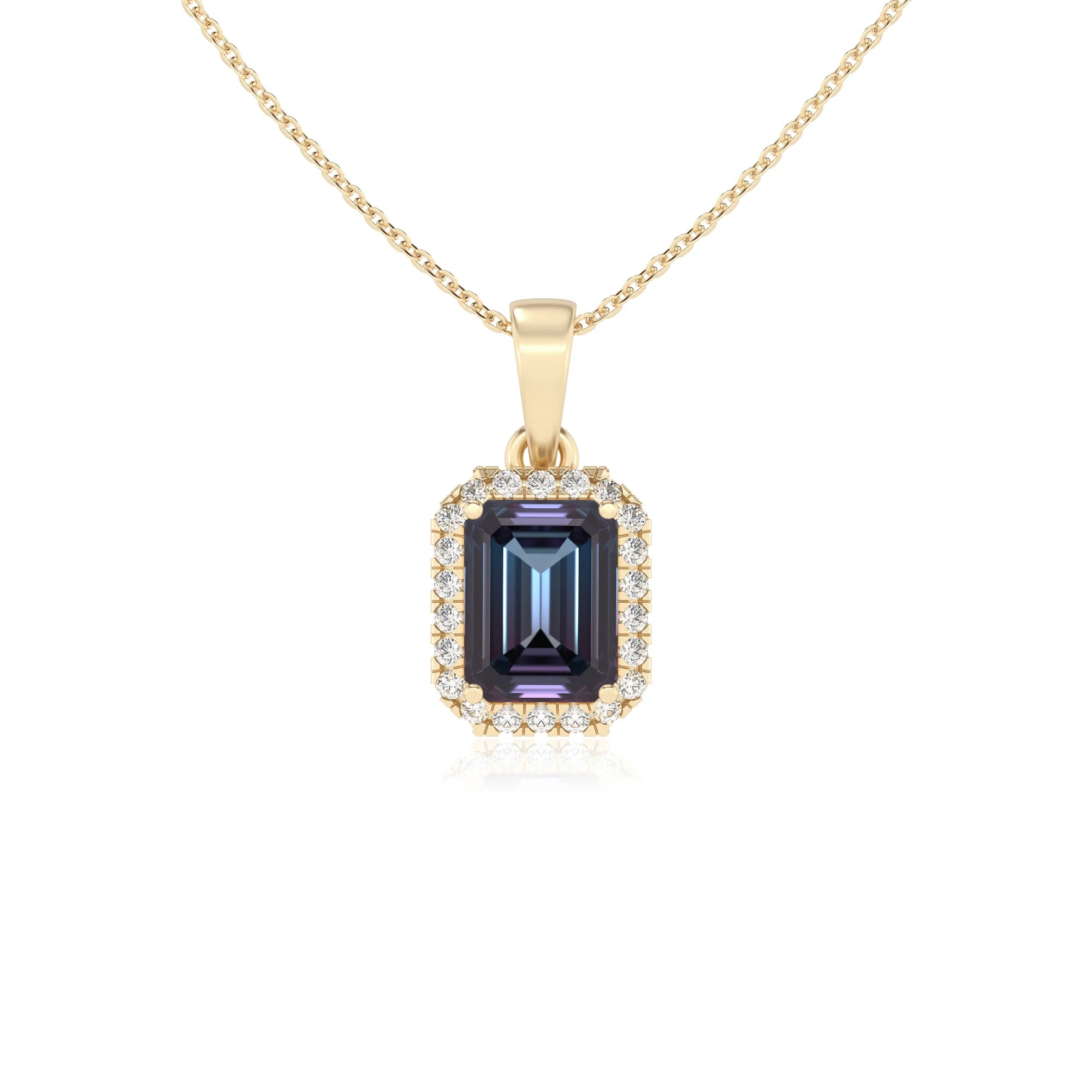lab grown alexandrite emerald cut solitaire necklaces in yellow gold