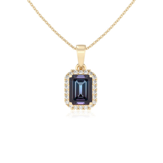 lab grown alexandrite emerald cut solitaire necklaces in yellow gold
