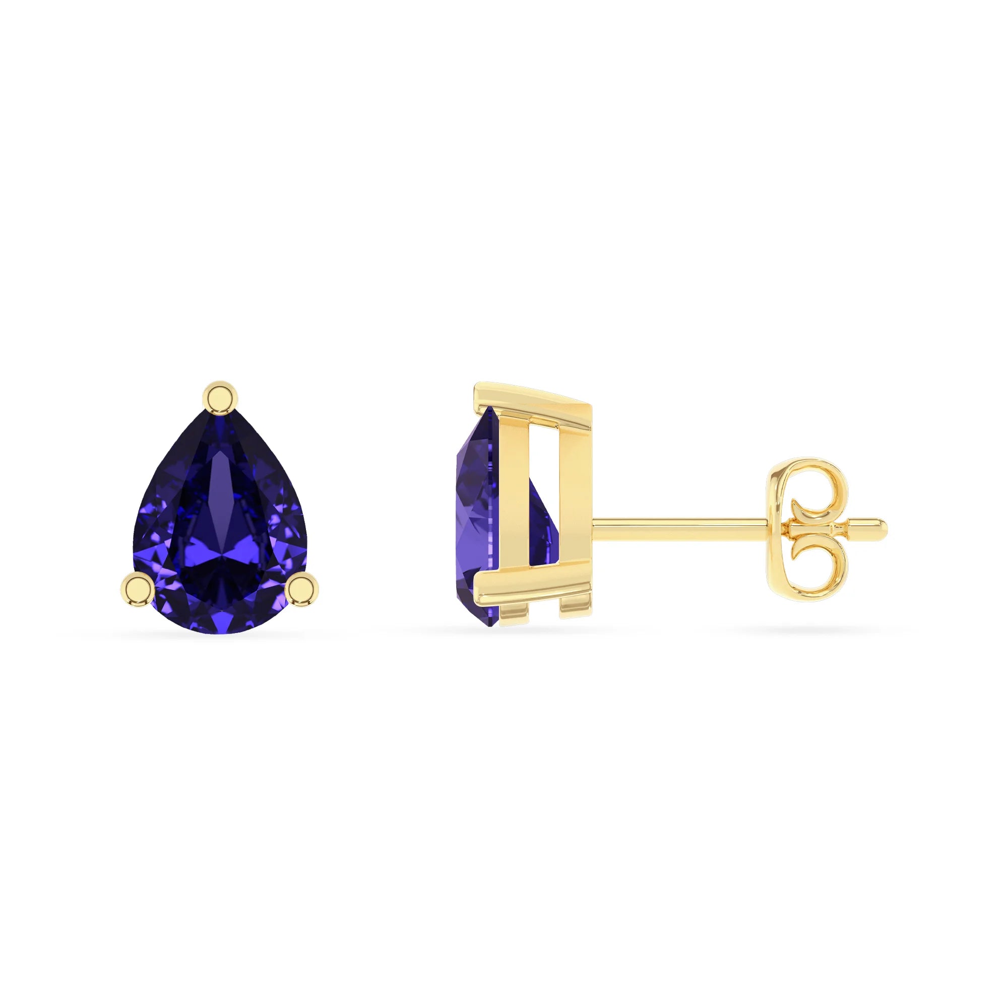 lab grown tanzanite pear stud earrings in yellow gold