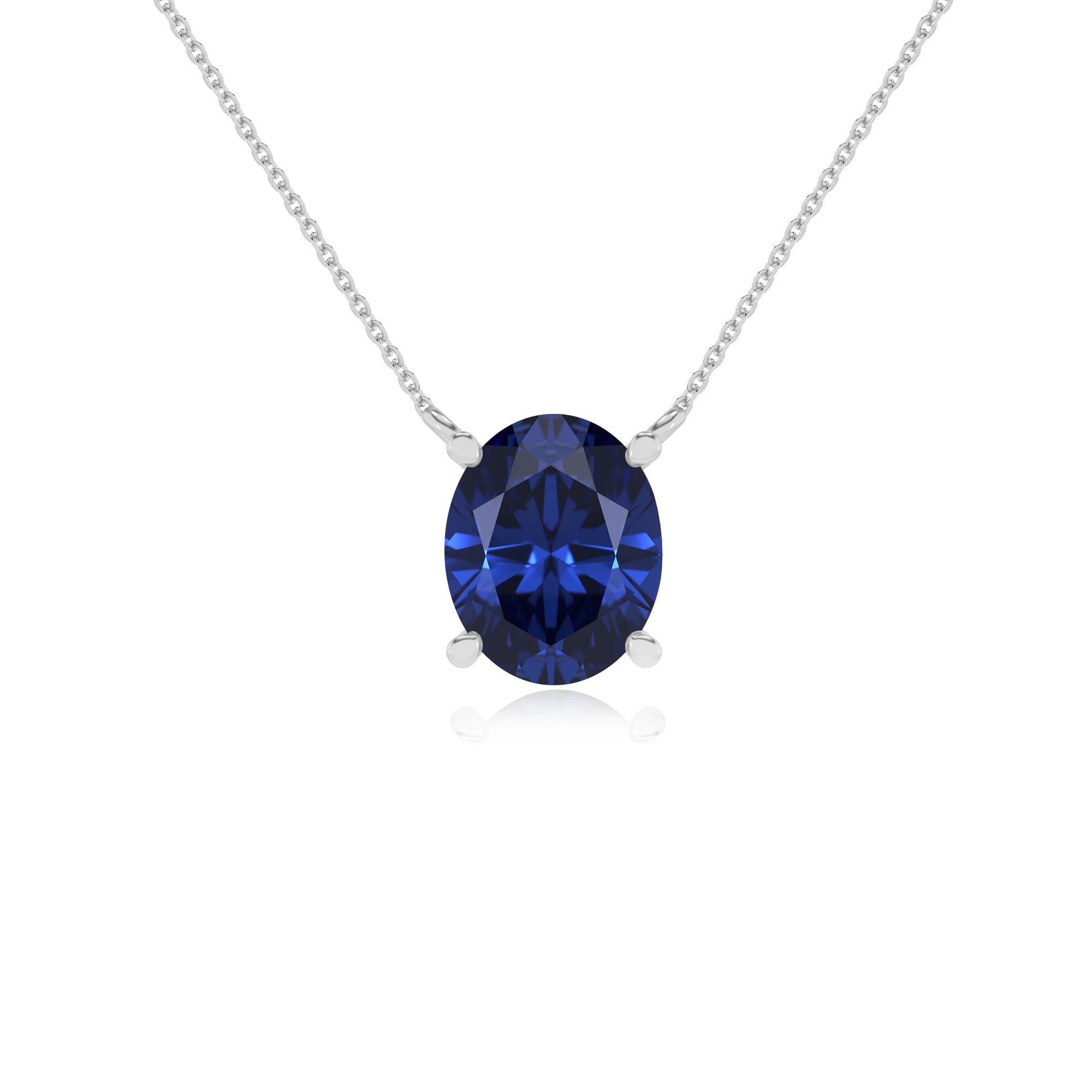 lab grown blue-sapphire oval solitaire necklaces in white gold