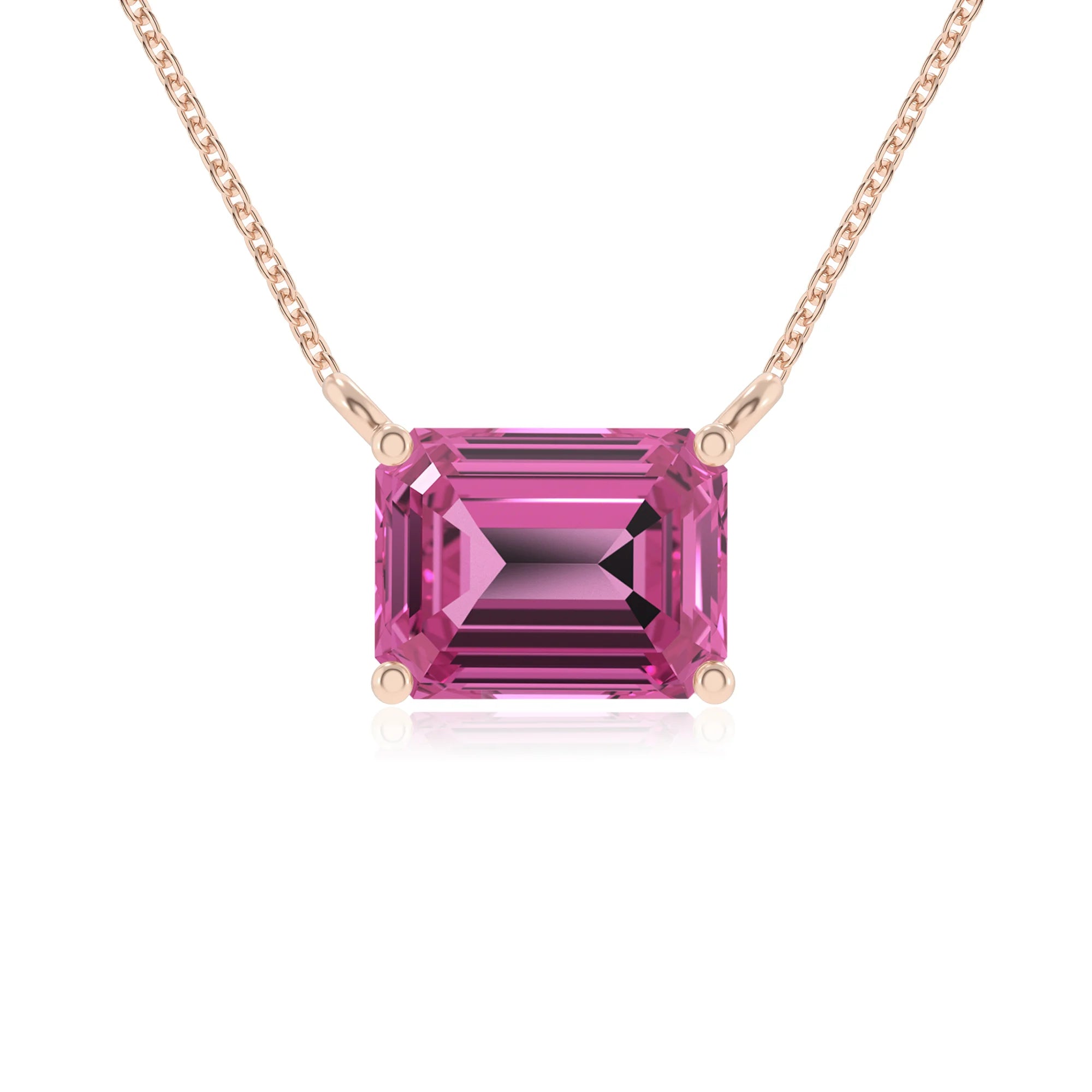 lab grown pink-sapphire emerald cut solitaire necklaces in rose gold