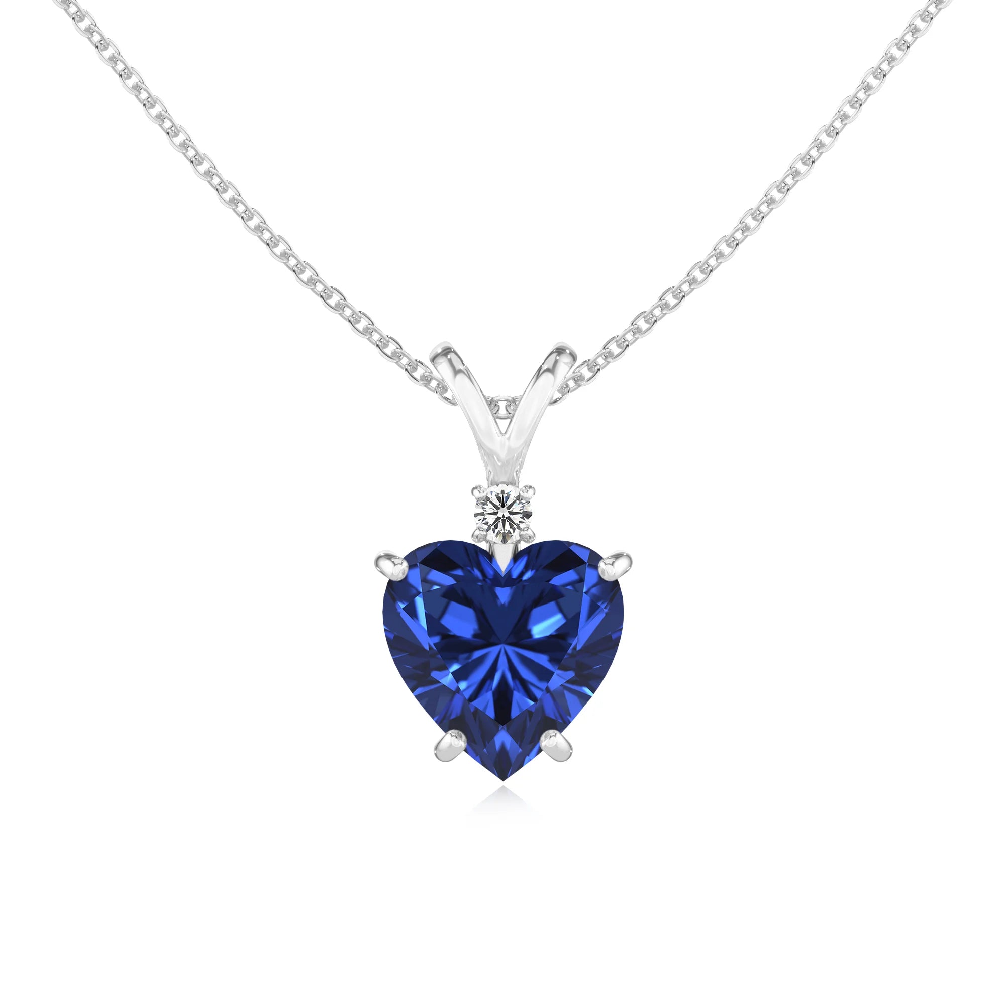lab grown blue-sapphire heart solitaire v-bale necklaces in sterling silver