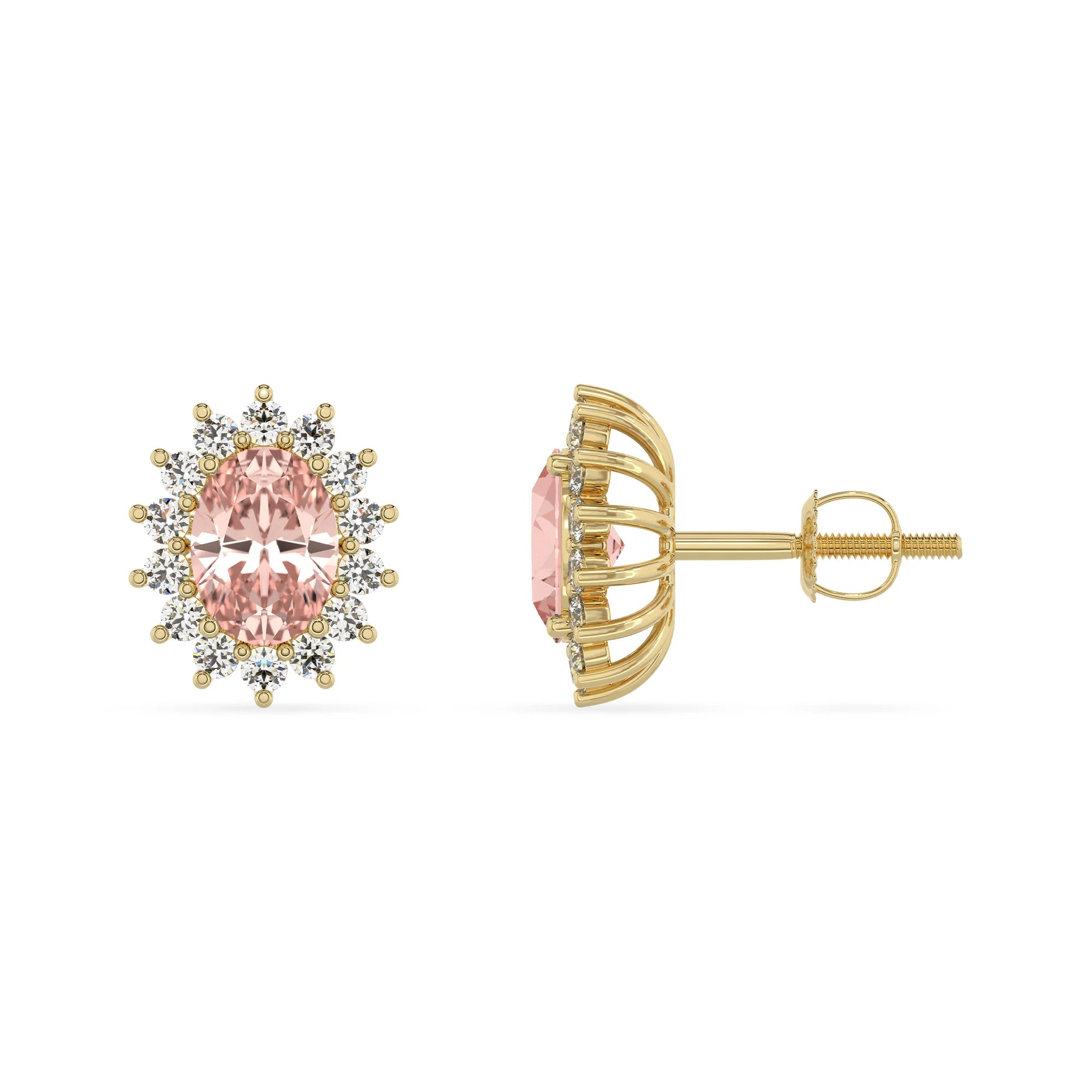 lab grown morganite oval stud earrings in yellow gold