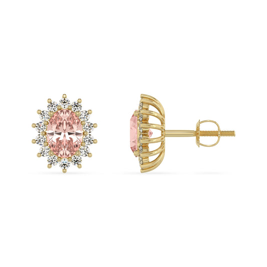 lab grown morganite oval stud earrings in yellow gold