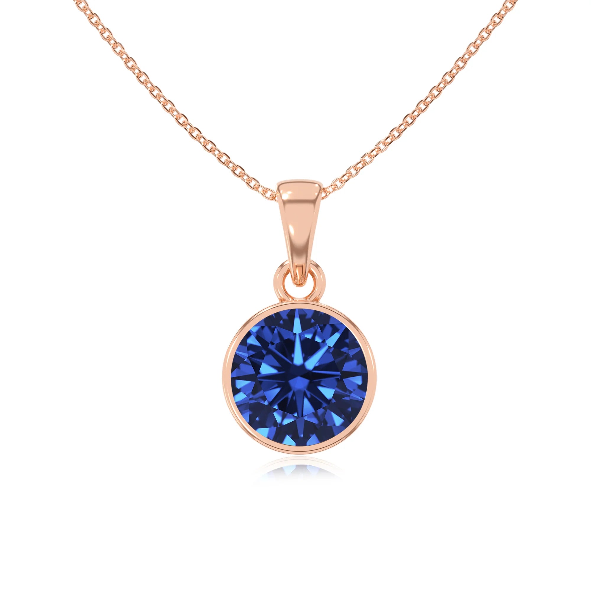 lab grown blue-sapphire round solitaire necklaces in rose gold