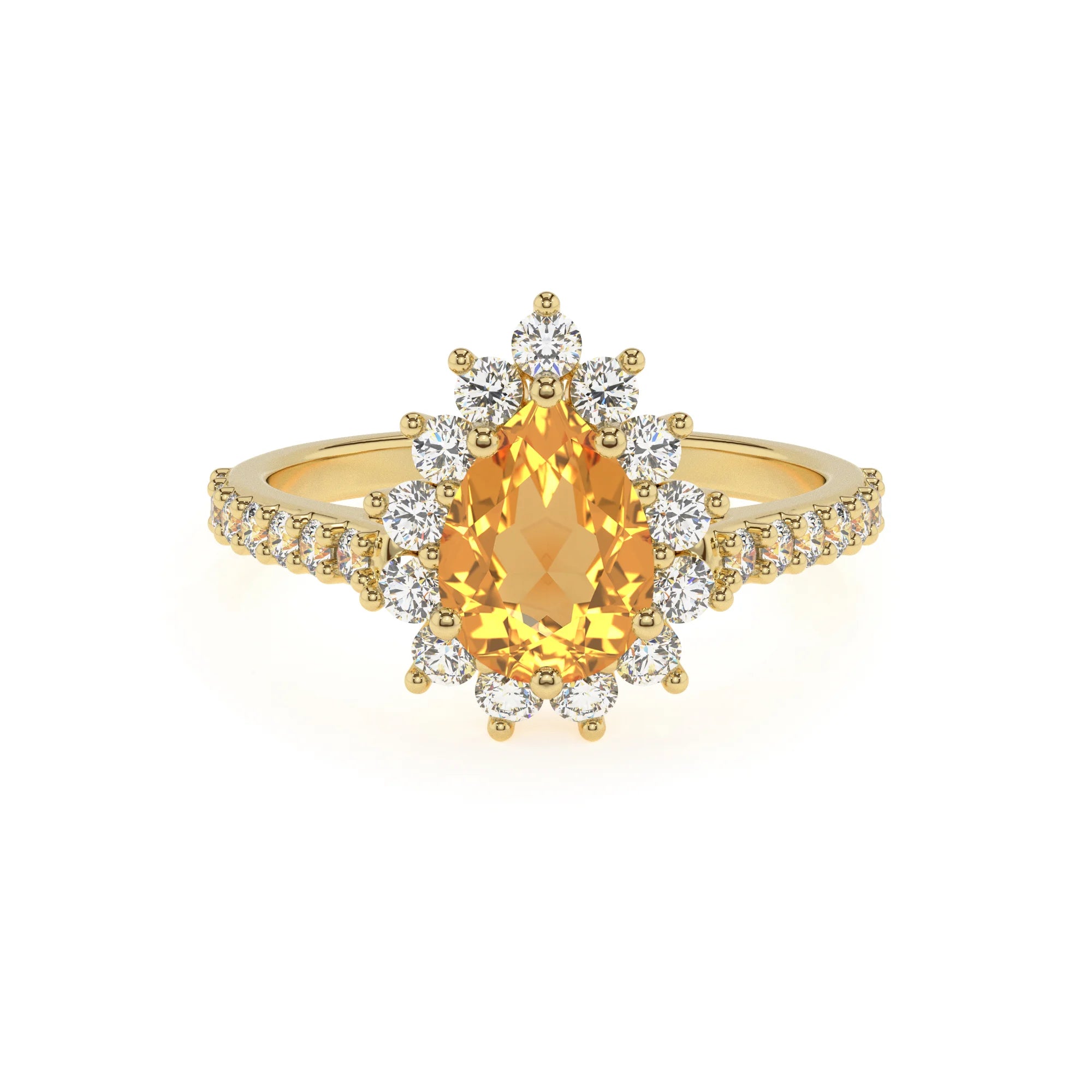 lab grown citrine pear solitaire rings in yellow gold