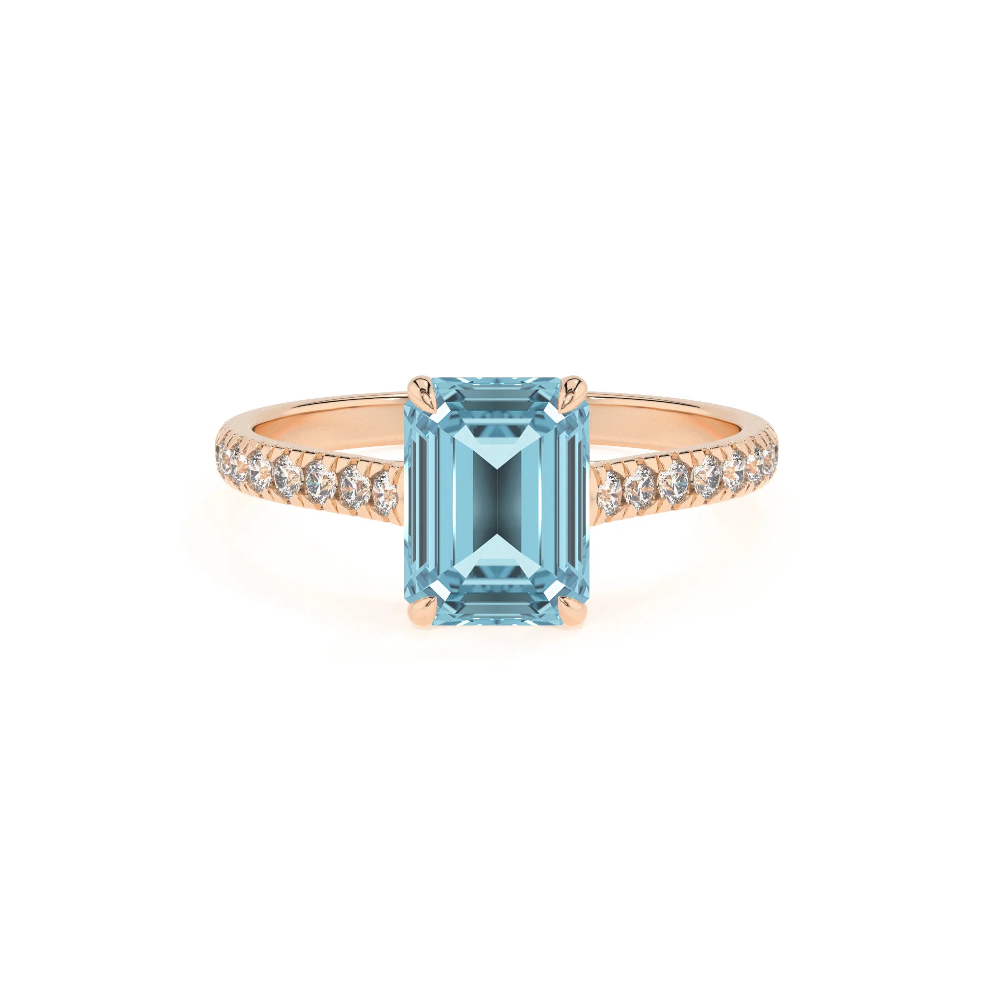 lab grown aquamarine emerald cut half eternity solitaire engagement rings in rose gold