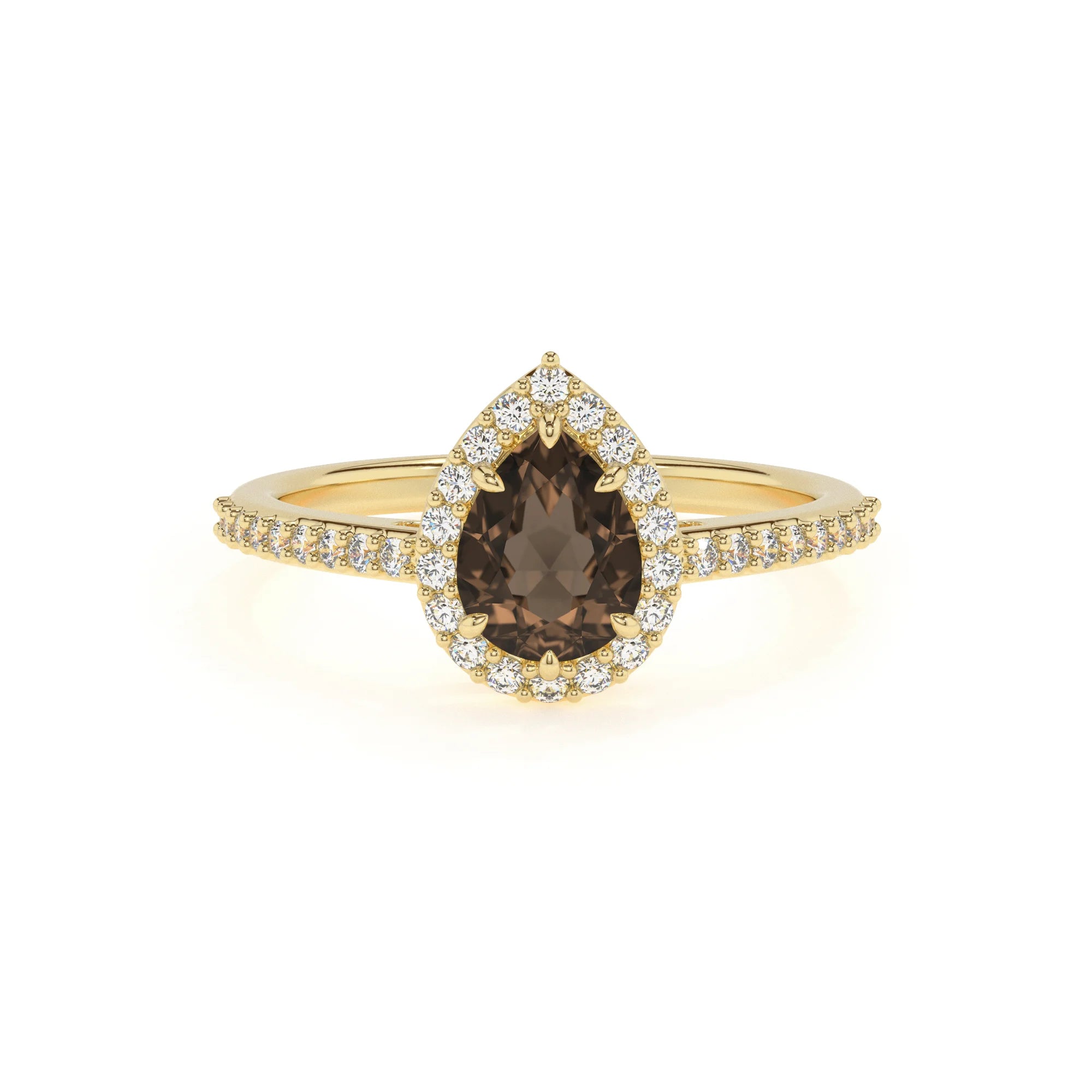 natural smoky-quartz pear solitaire rings in yellow gold