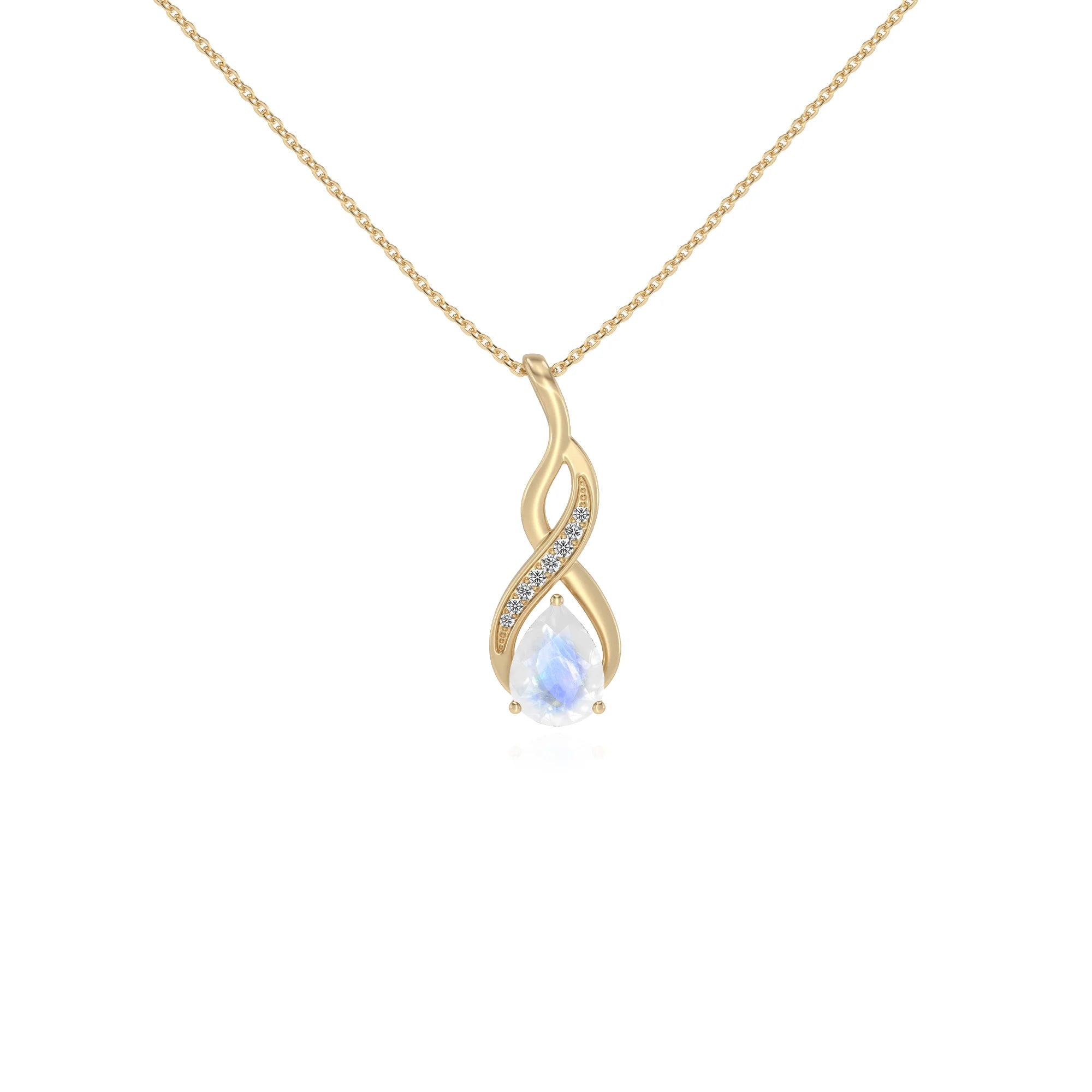 natural rainbow-moonstone pear solitaire necklaces in yellow gold