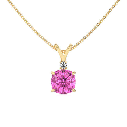 lab grown pink-sapphire cushion solitaire v-bale necklaces in yellow gold
