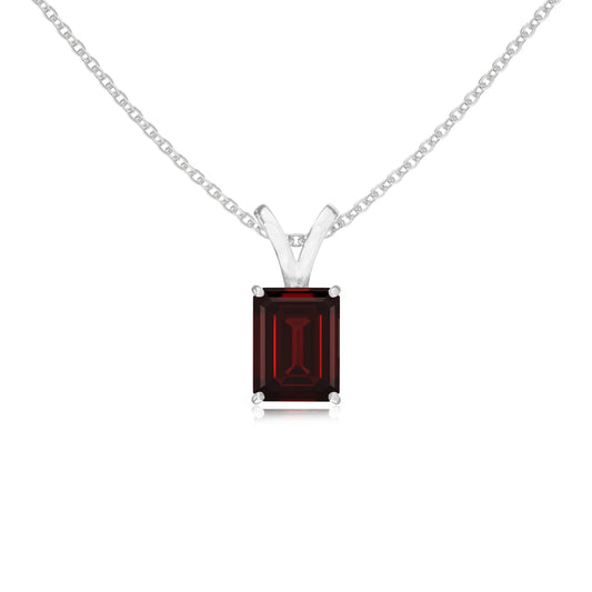 natural garnet emerald cut solitaire v-bale necklaces in white gold