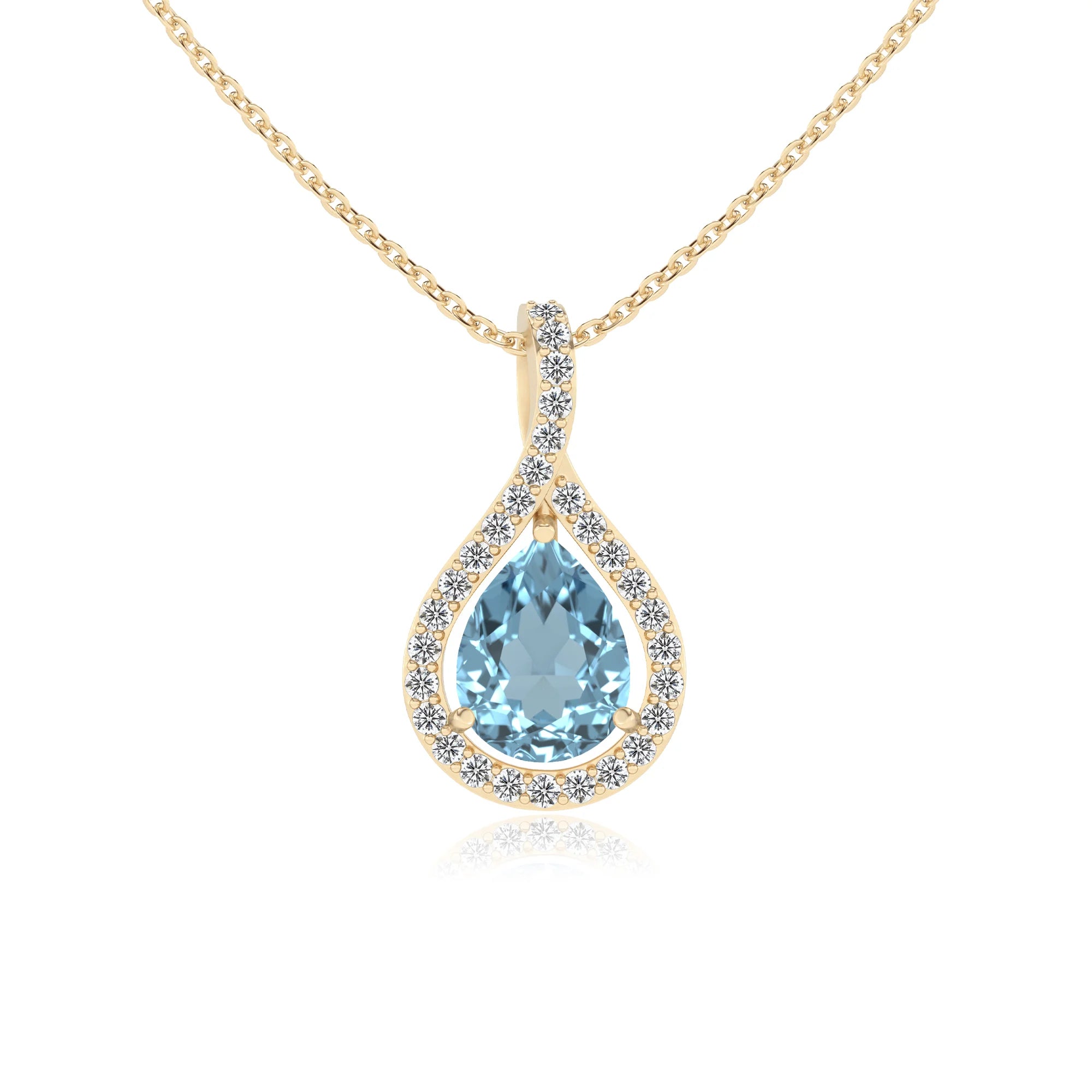 lab grown aquamarine pear solitaire necklaces in yellow gold