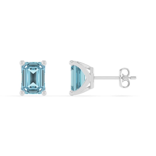 lab grown aquamarine emerald cut stud earrings in sterling silver