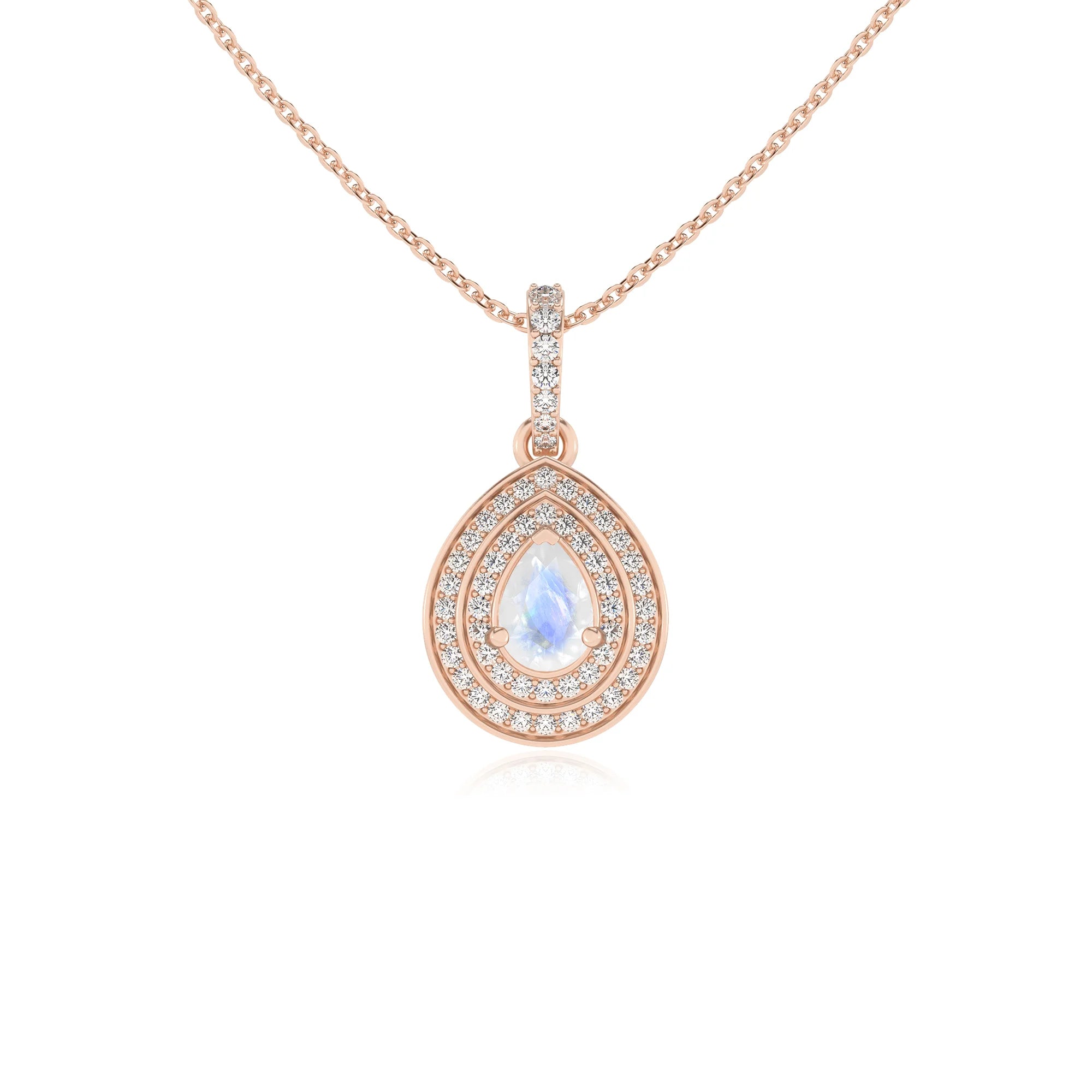 natural rainbow-moonstone pear halo necklaces in rose gold