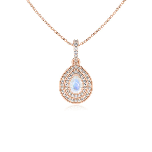 natural rainbow-moonstone pear halo necklaces in rose gold