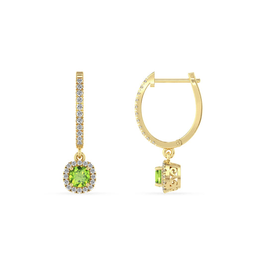 natural peridot cushion drop earrings in yellow gold