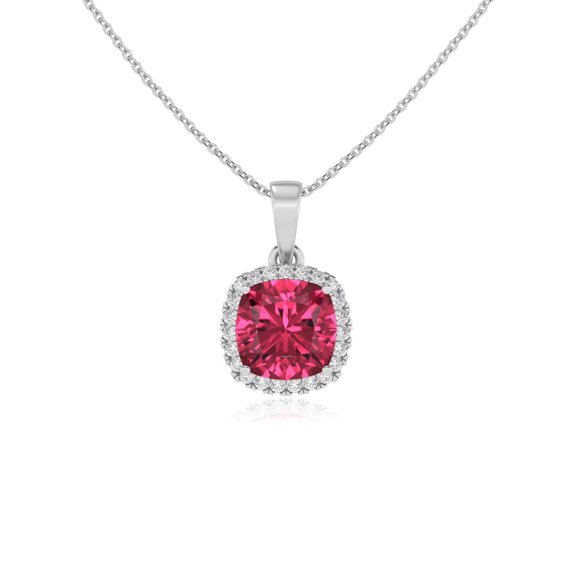lab grown pink-tourmaline cushion solitaire necklaces in white gold