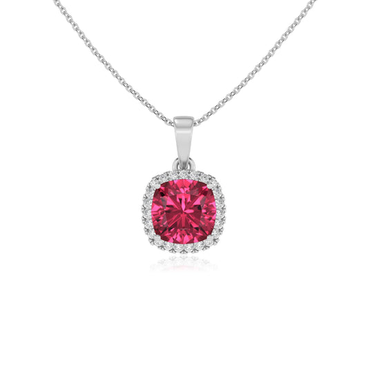 lab grown pink-tourmaline cushion solitaire necklaces in white gold
