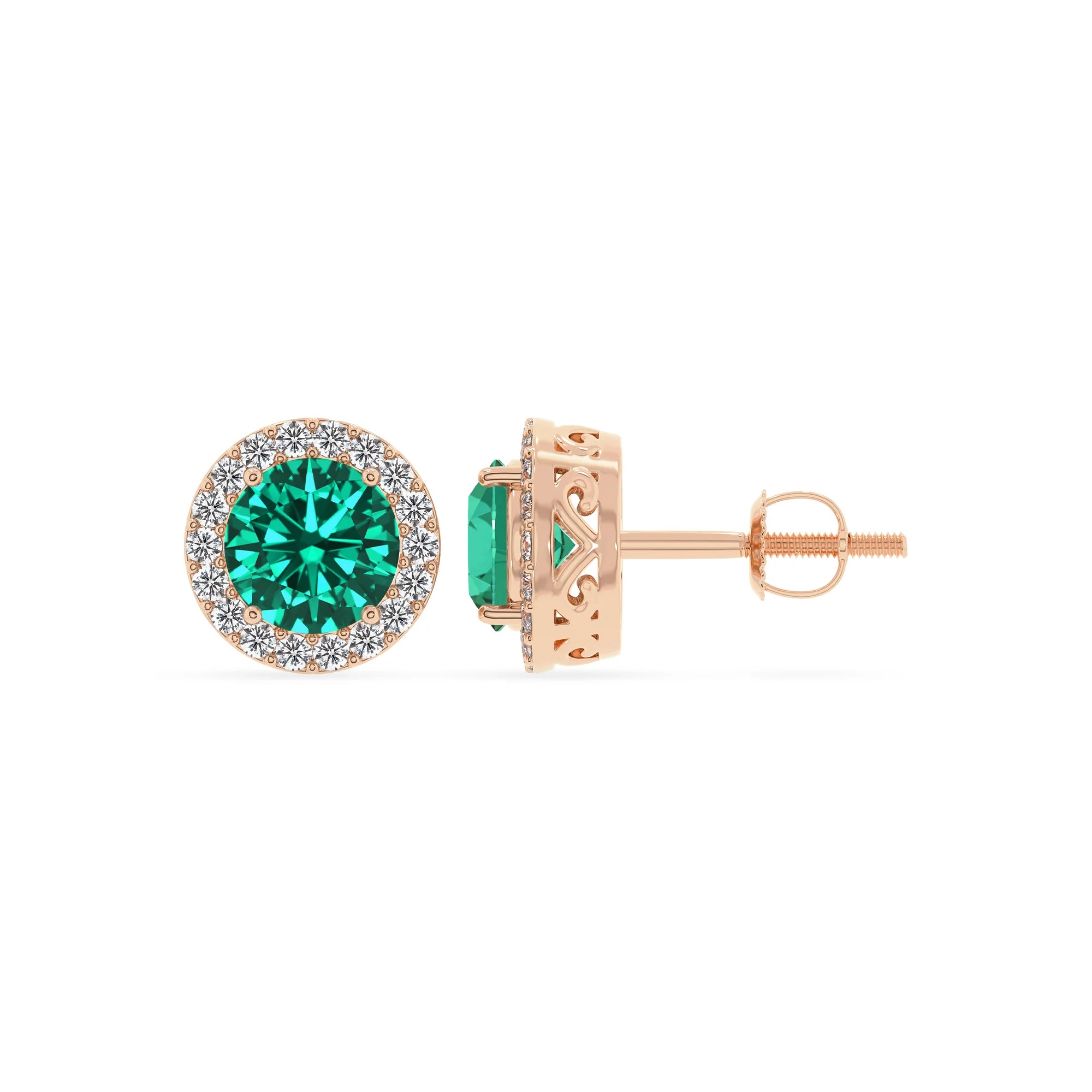lab grown emerald round stud earrings in rose gold