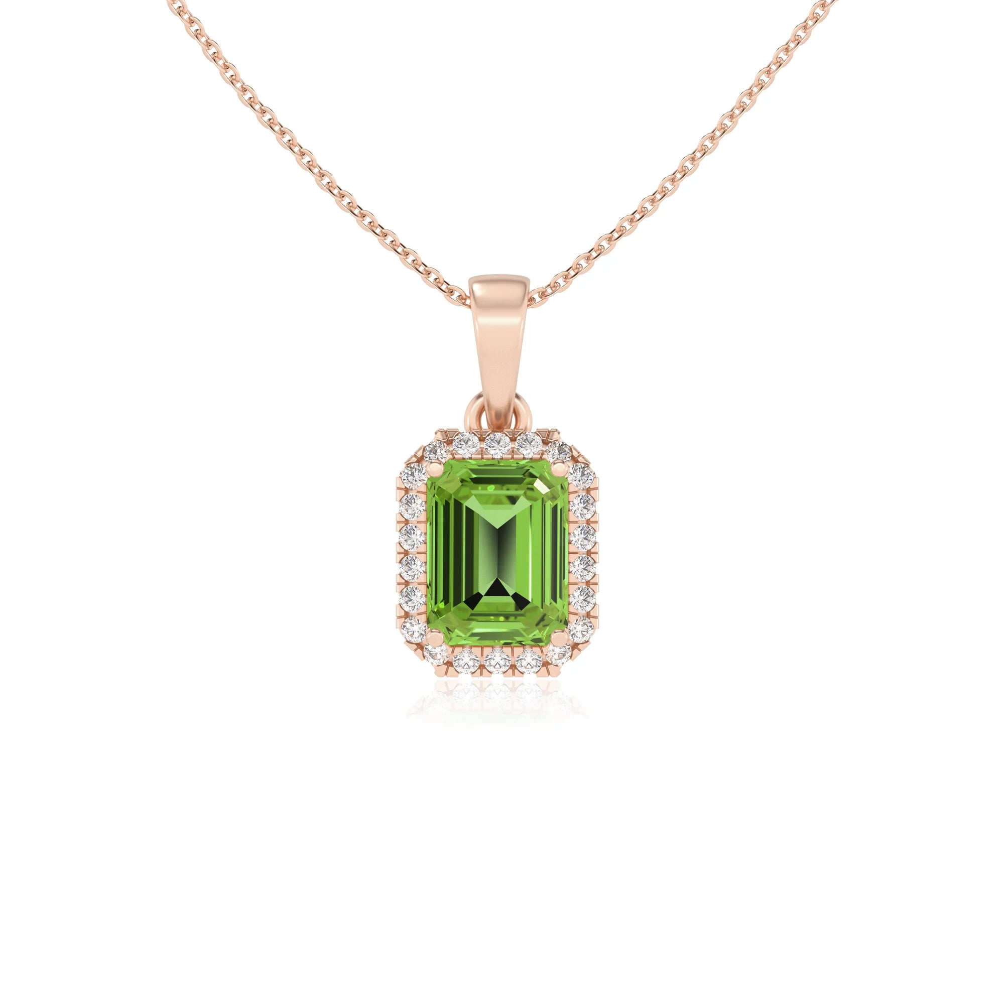 natural peridot emerald cut solitaire necklaces in rose gold