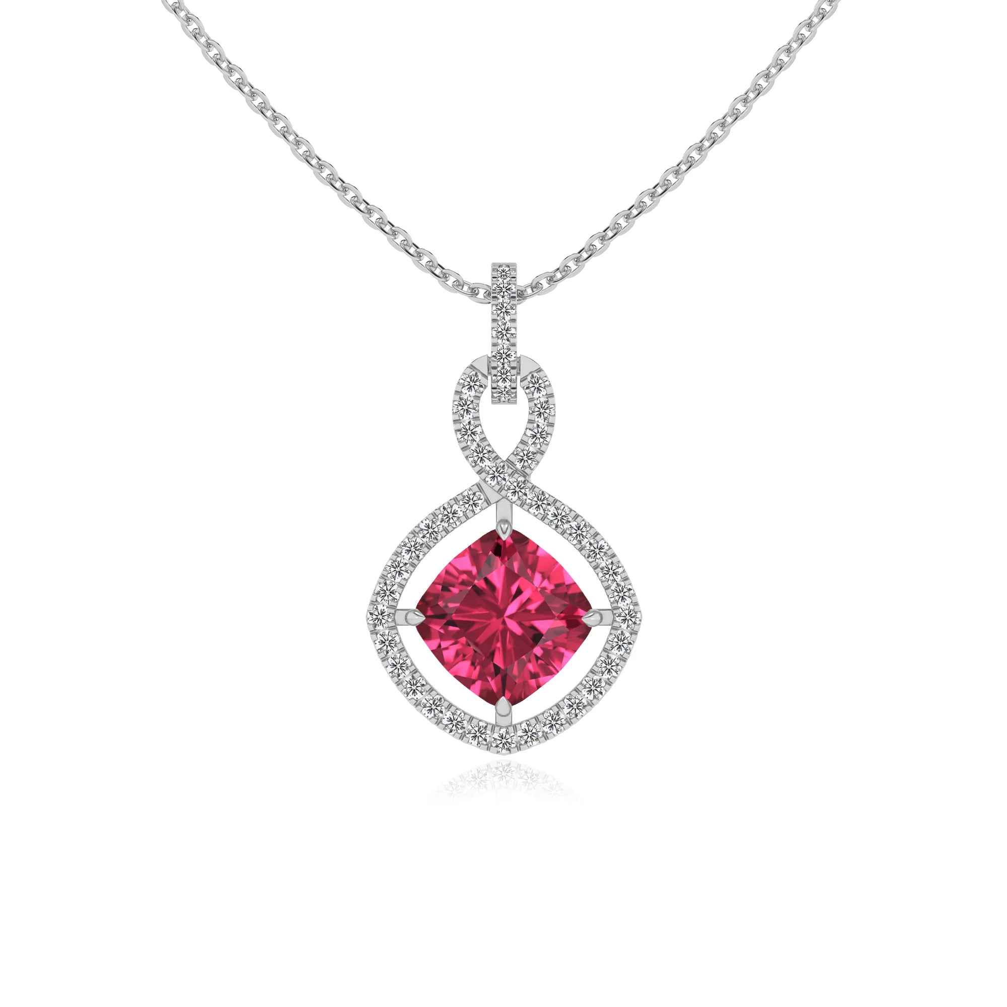 lab grown pink-tourmaline cushion infinity necklaces in white gold