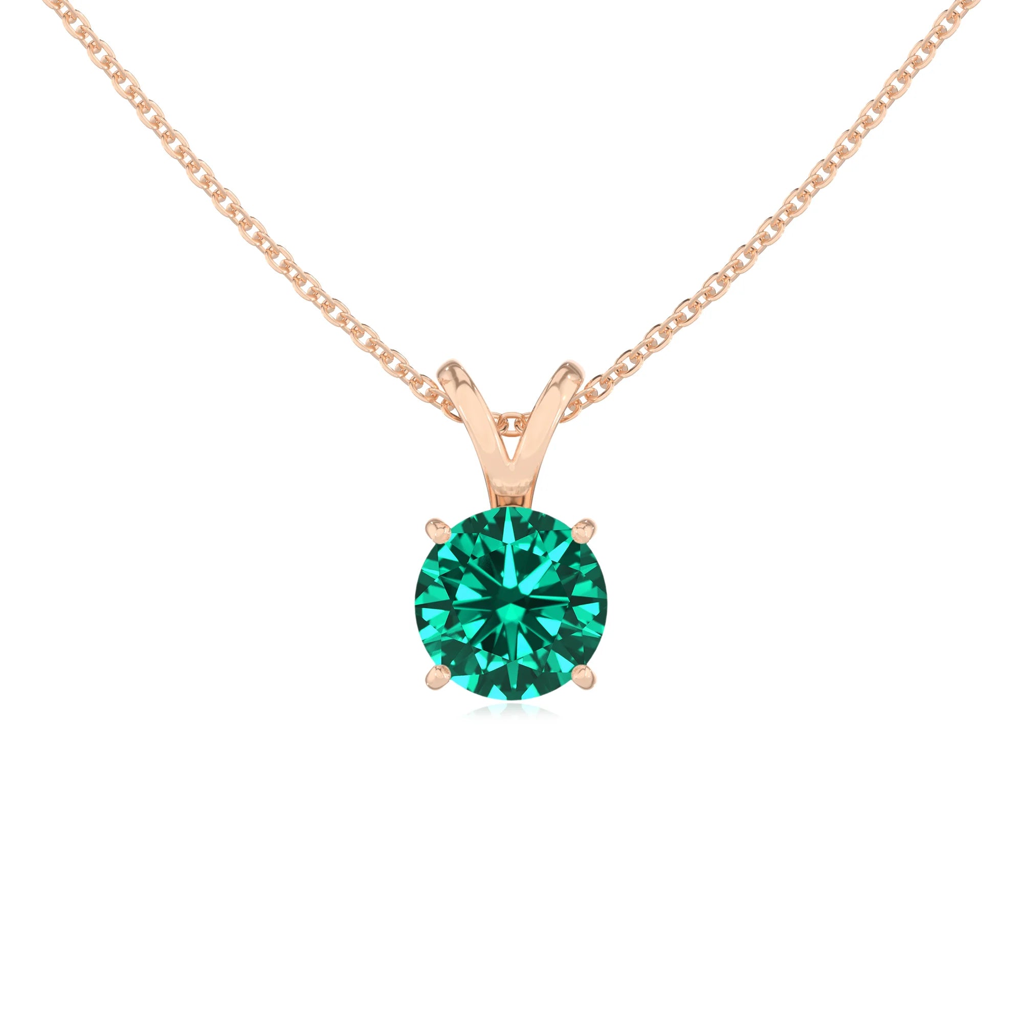 lab grown emerald round solitaire v-bale necklaces in rose gold