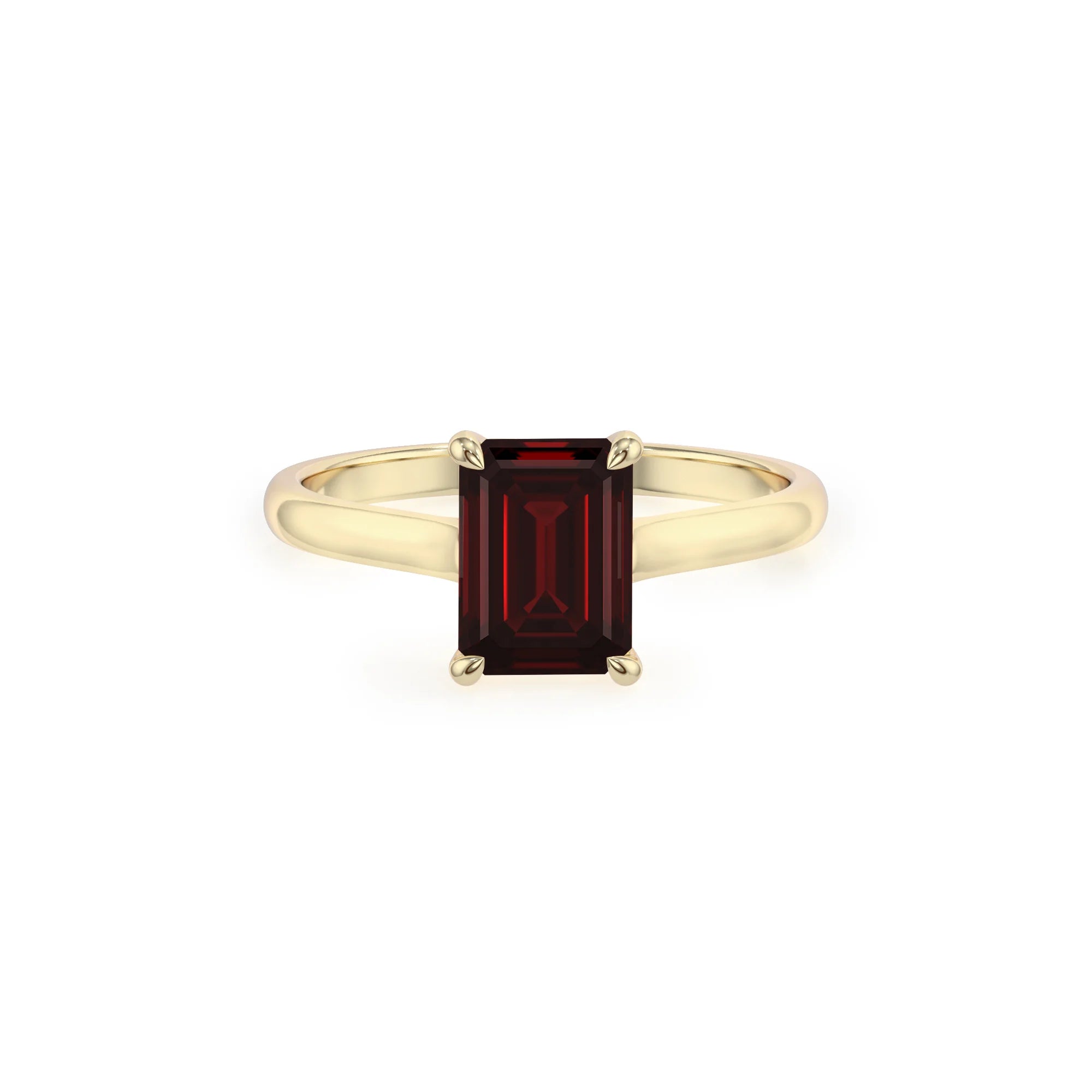 natural garnet emerald cut solitaire rings in yellow gold