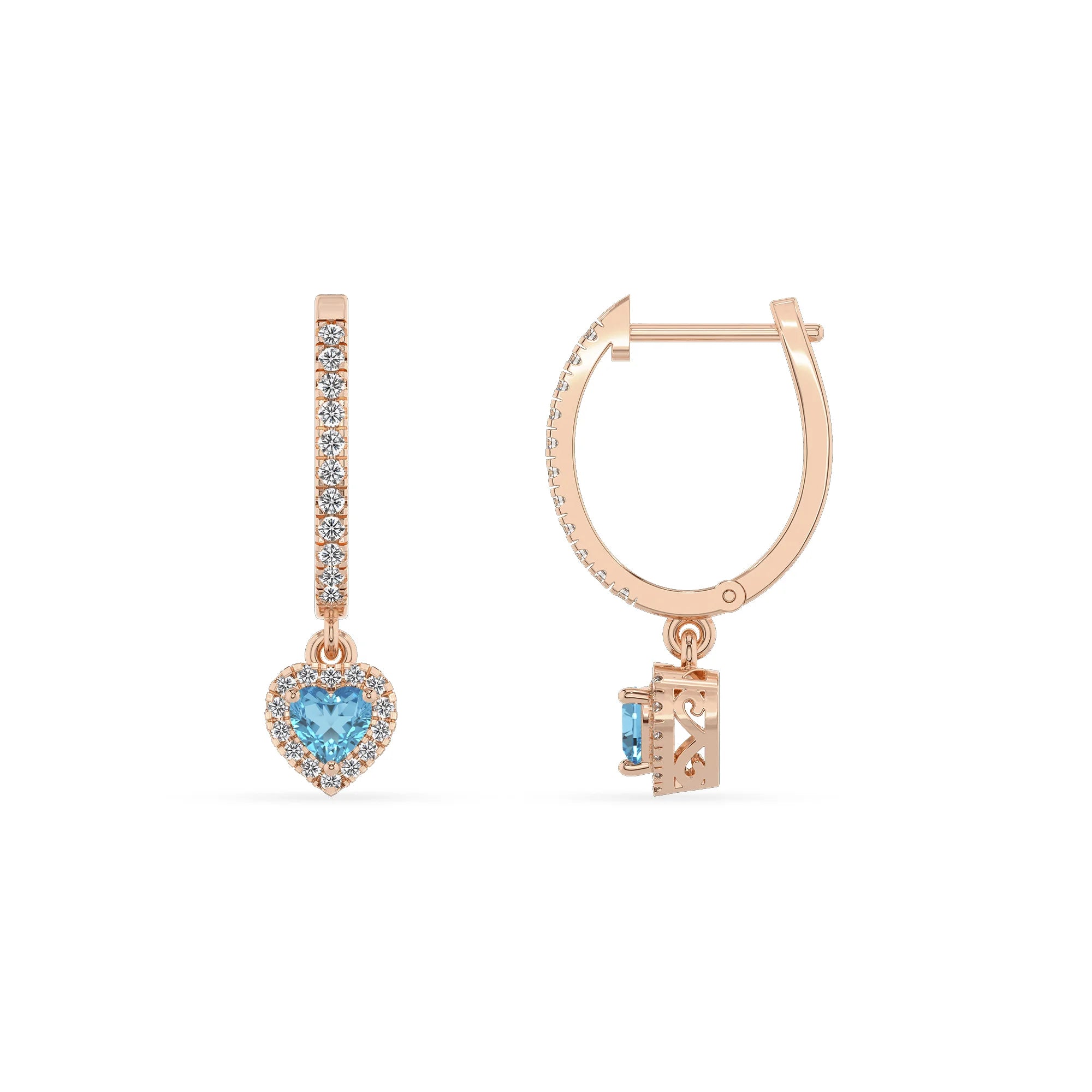 natural swiss blue topaz heart drop earrings in rose gold