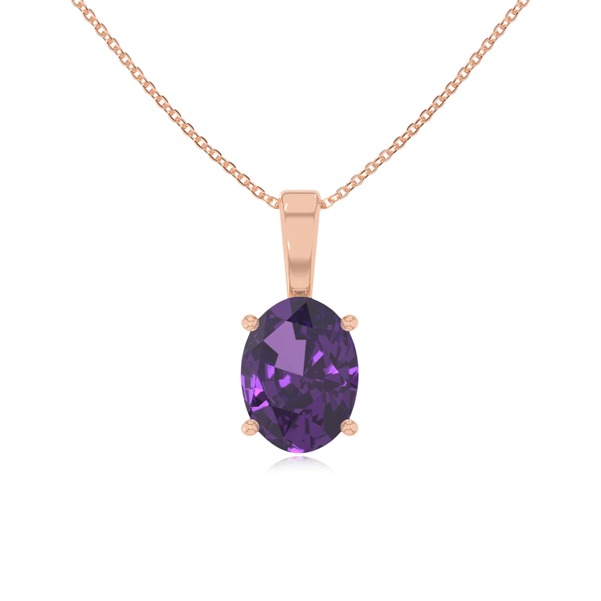 lab grown amethyst oval solitaire necklaces in rose gold