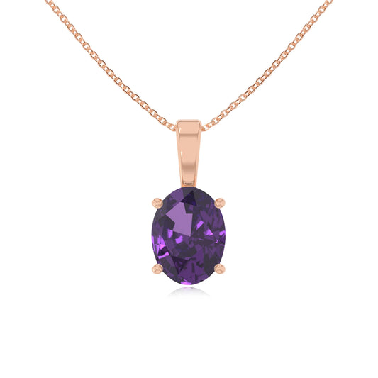 lab grown amethyst oval solitaire necklaces in rose gold
