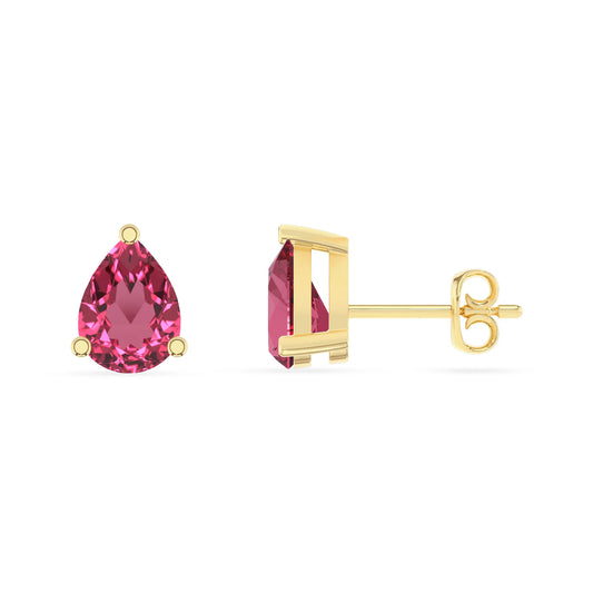 lab grown pink tourmaline pear stud earrings in yellow gold