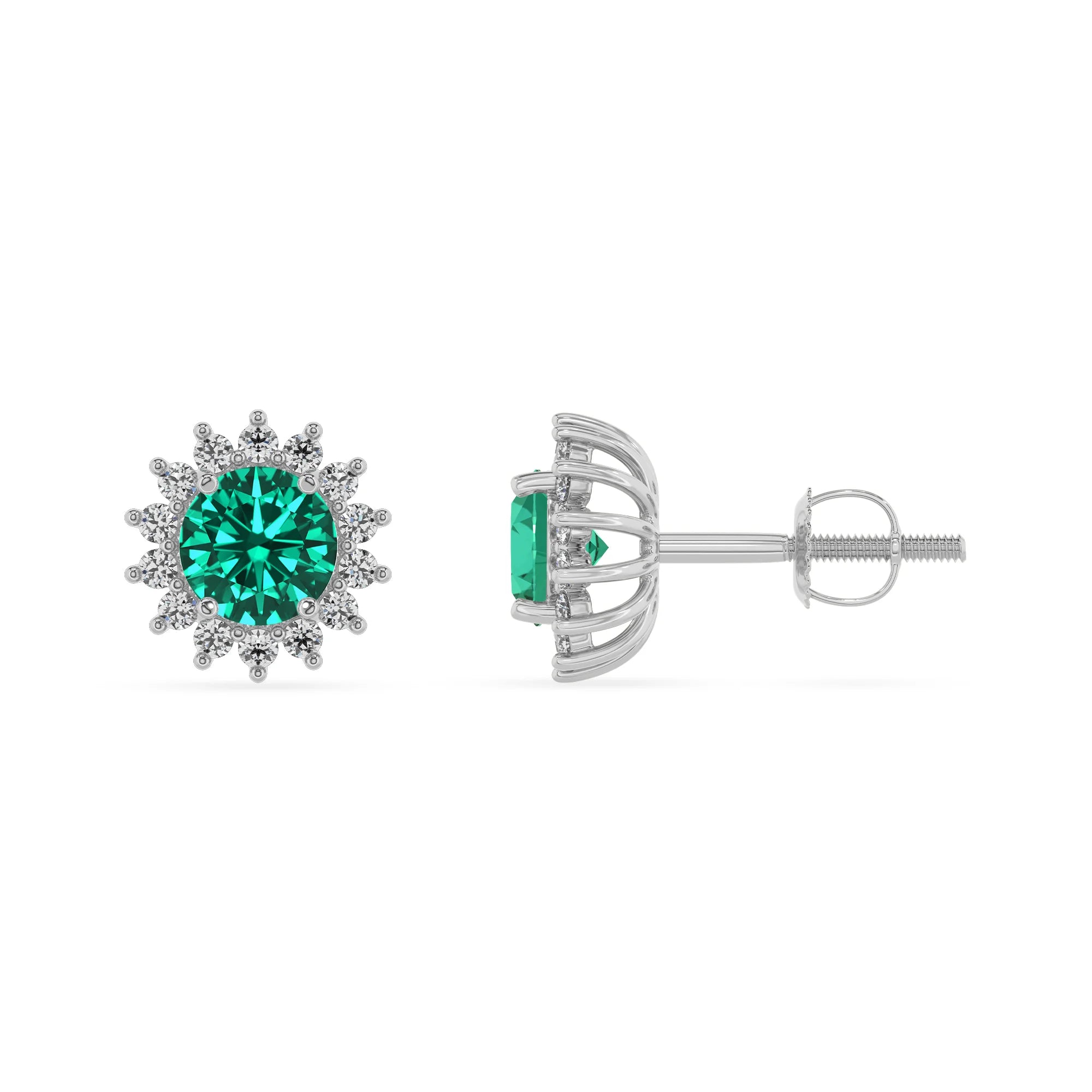 lab grown emerald round stud earrings in white gold