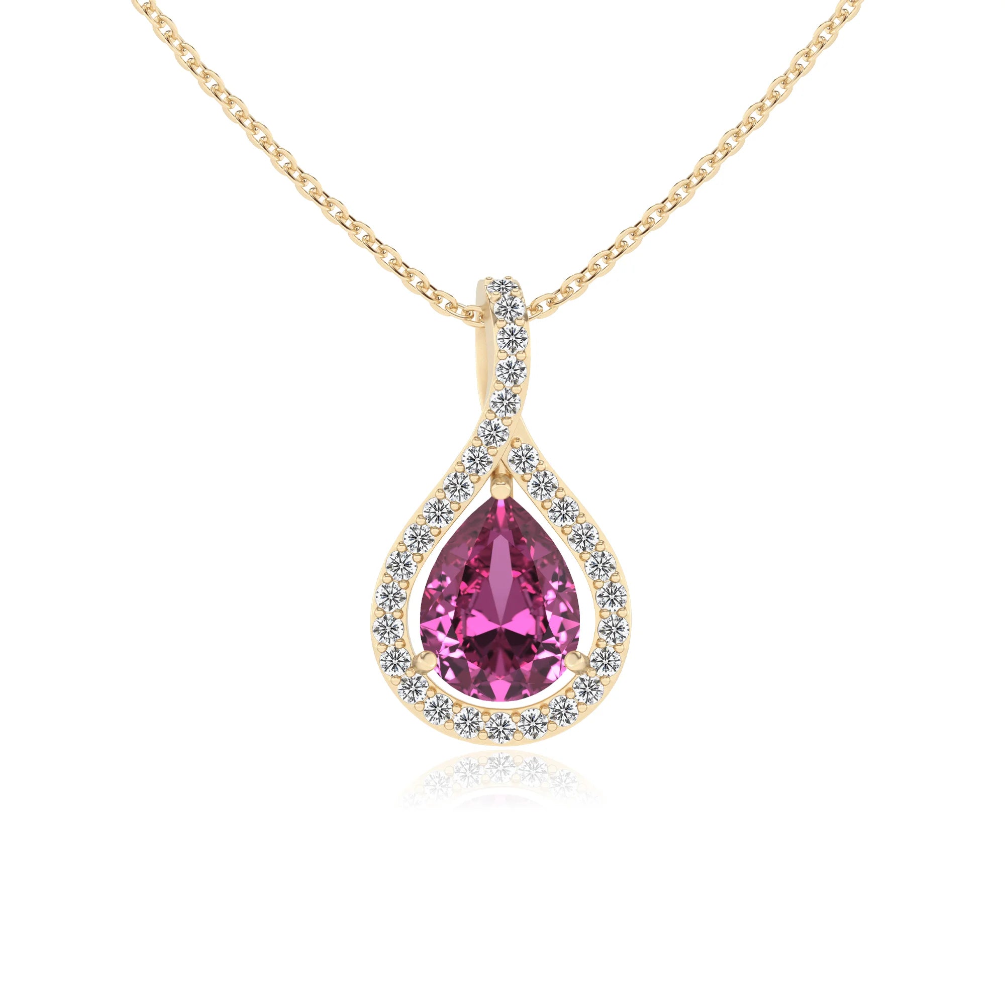 lab grown pink-sapphire pear solitaire necklaces in yellow gold