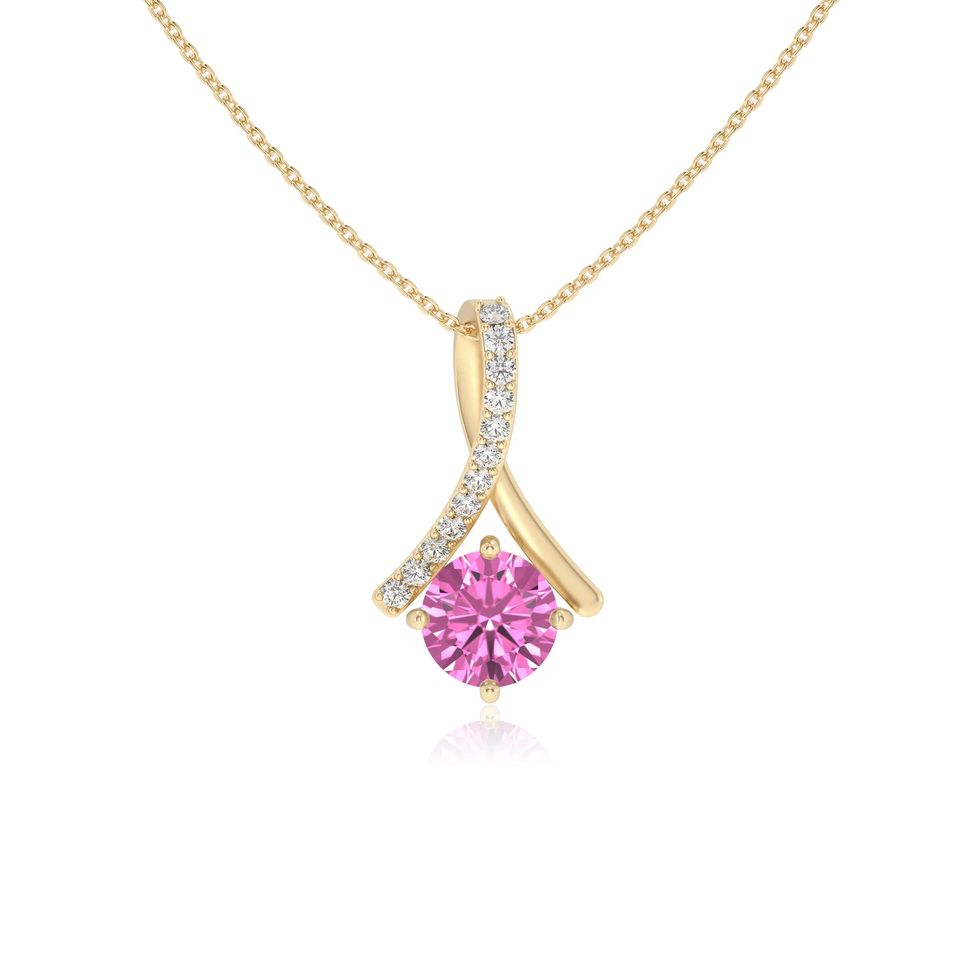 lab grown pink-sapphire round solitaire necklaces in yellow gold