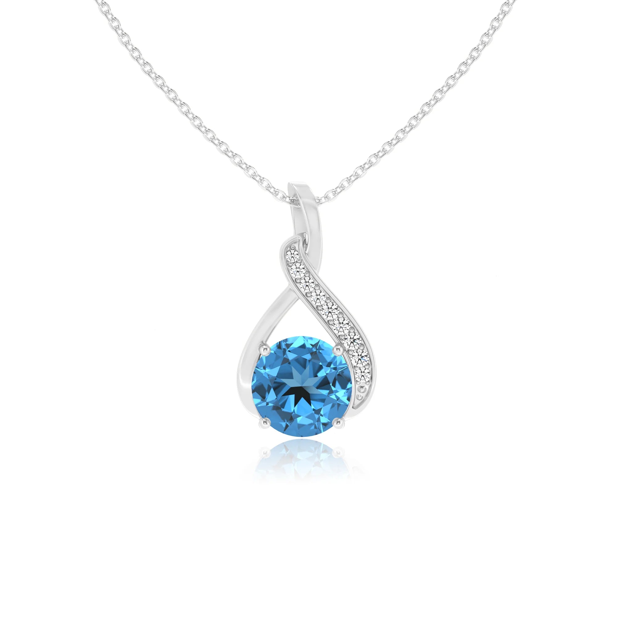 natural swiss-blue-topaz round solitaire necklaces in white gold