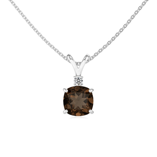 natural smoky-quartz cushion solitaire v-bale necklaces in platinum