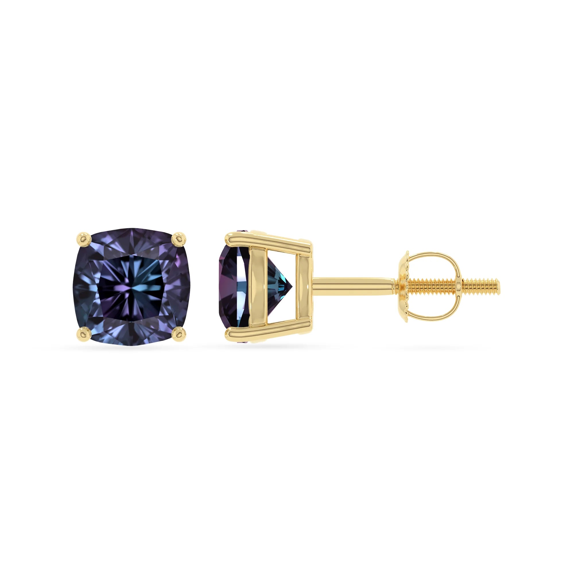 lab grown alexandrite cushion stud earrings in yellow gold