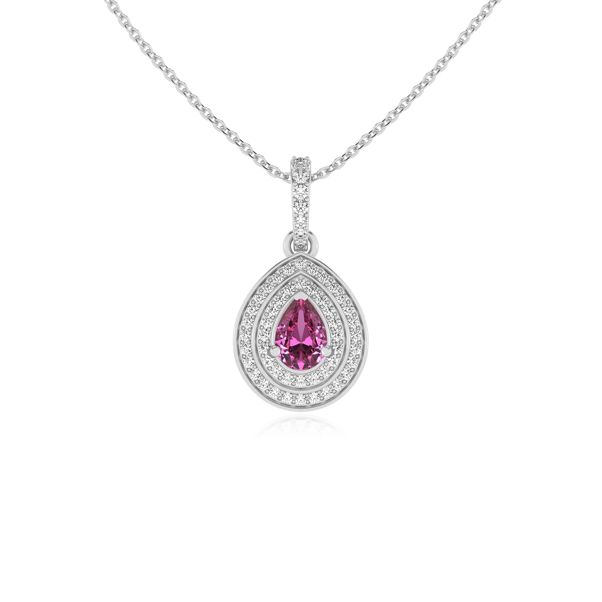 lab grown pink-sapphire pear halo necklaces in platinum