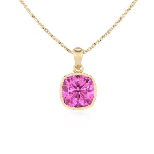 lab grown pink-sapphire cushion solitaire necklaces in yellow gold