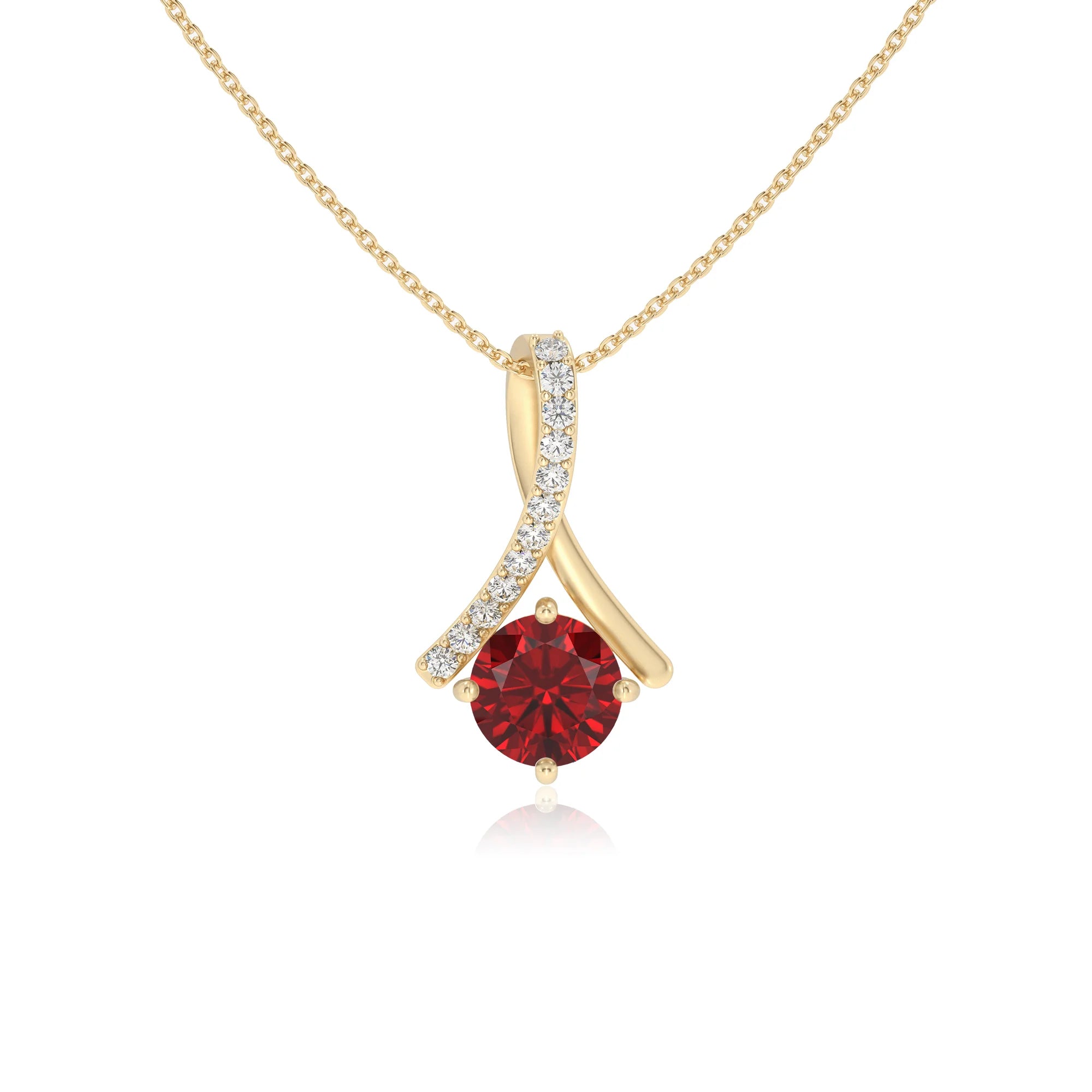 lab grown ruby round solitaire necklaces in yellow gold