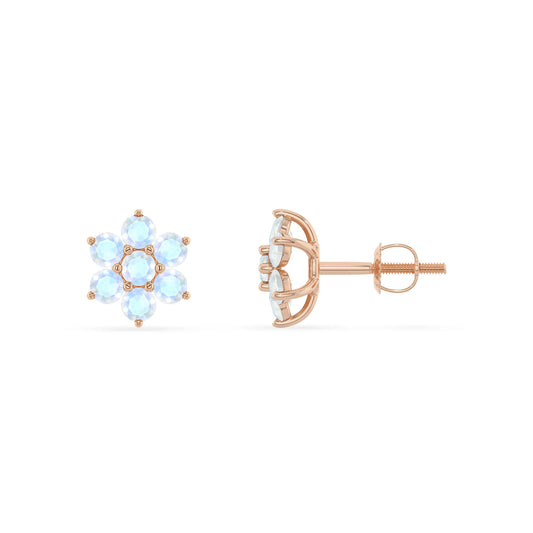 natural rainbow moonstone round stud earrings in rose gold