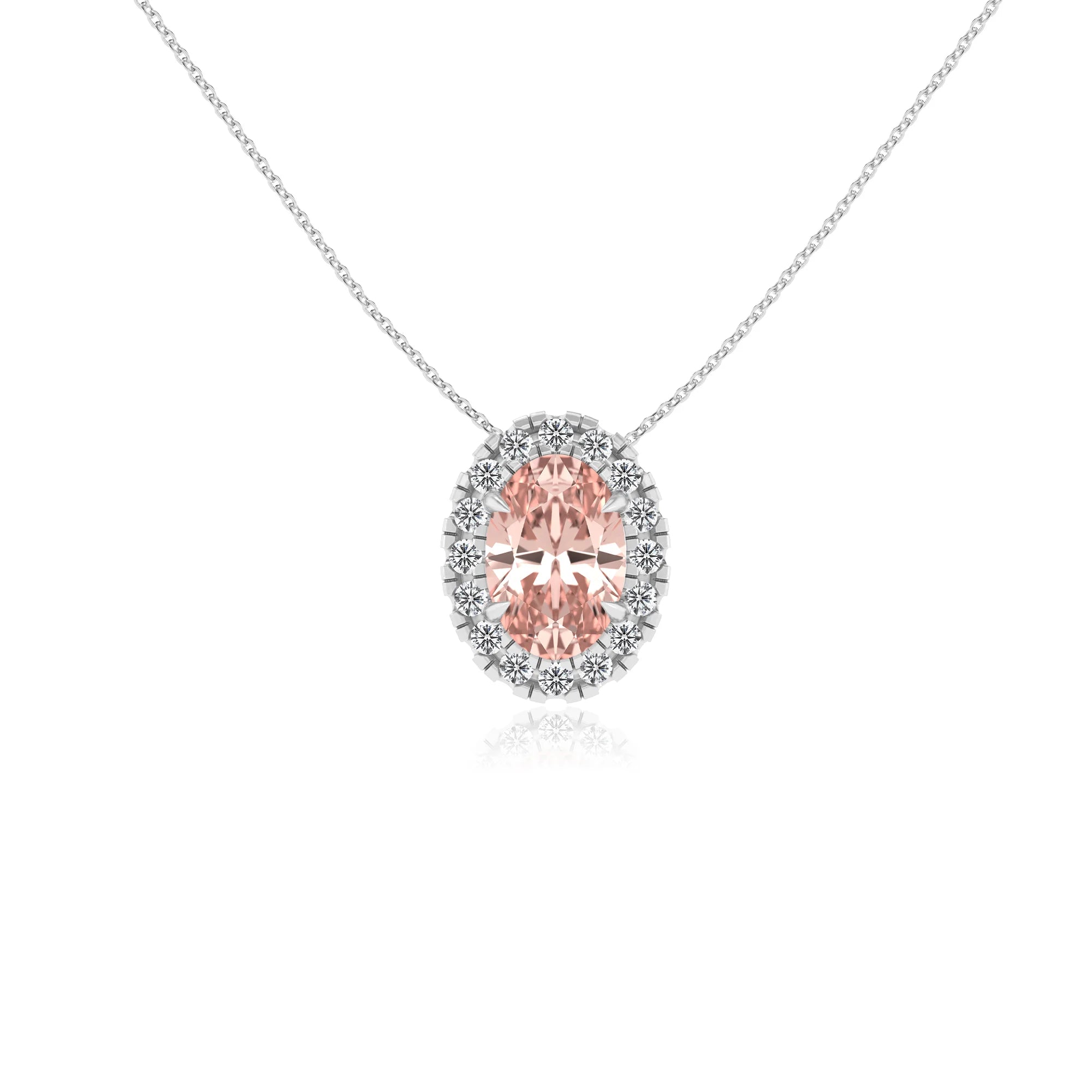 lab grown morganite oval solitaire necklaces in white gold