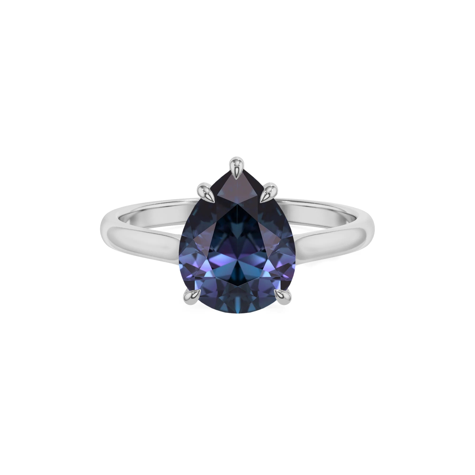 lab grown alexandrite pear solitaire rings in white gold
