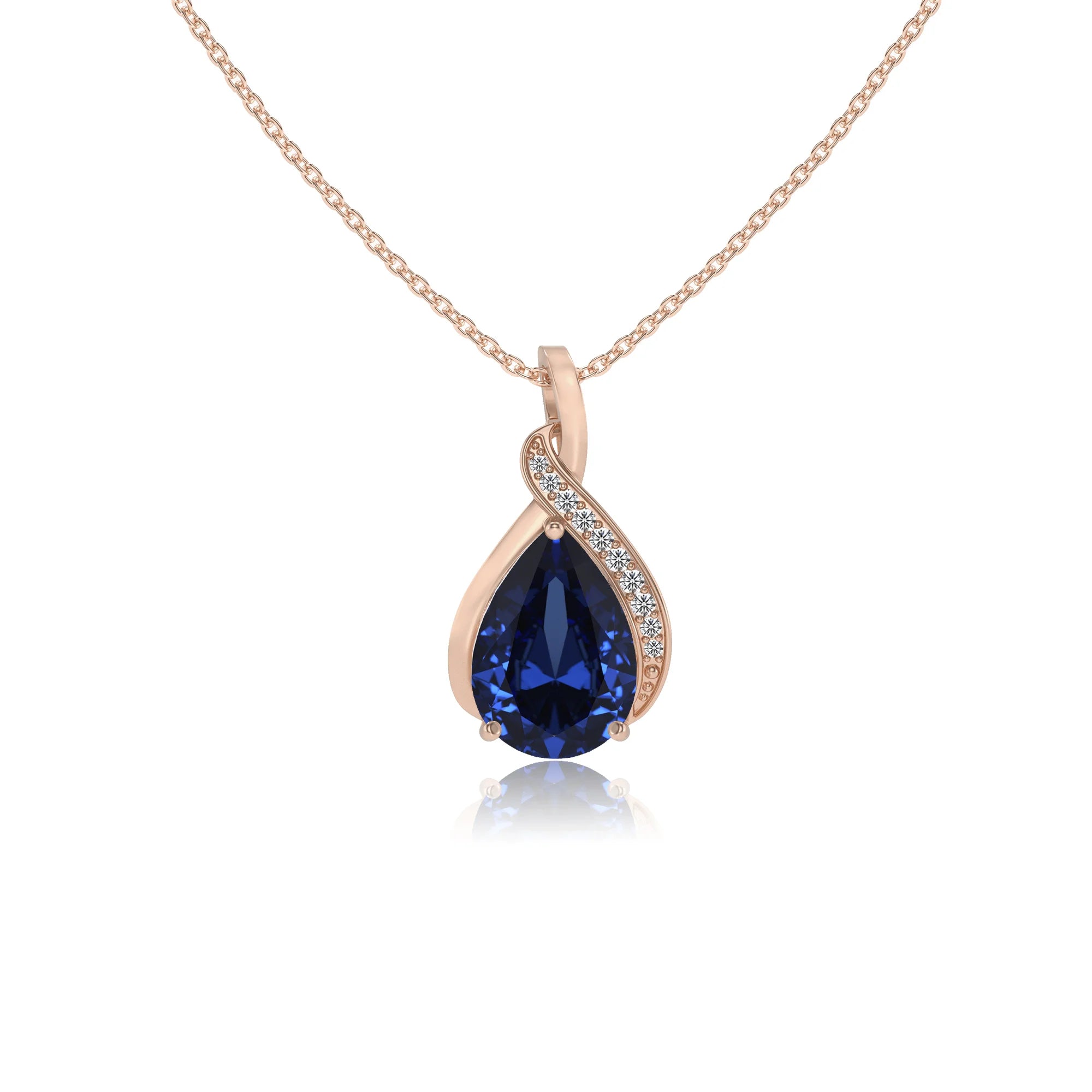 lab grown blue-sapphire pear solitaire necklaces in rose gold