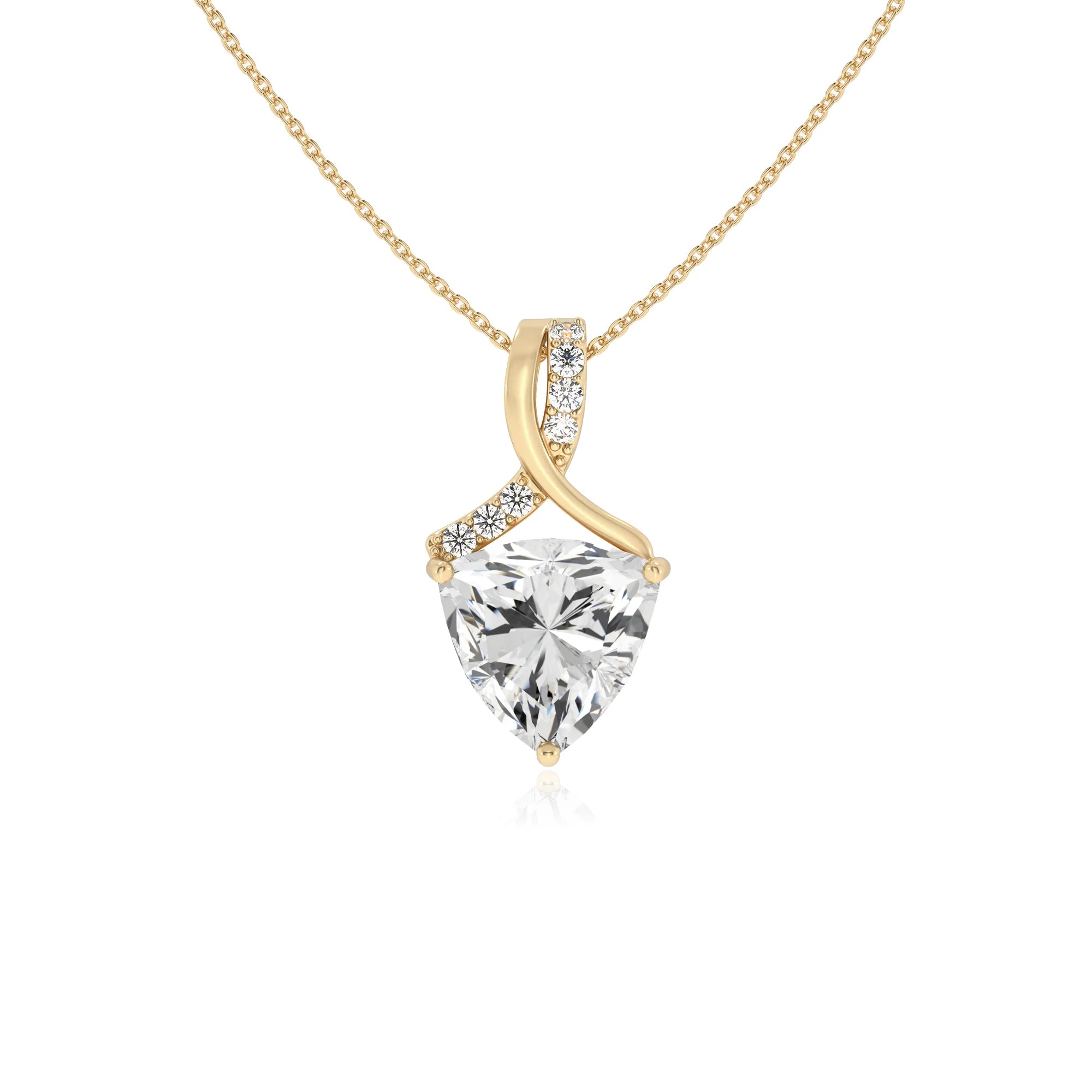 lab grown moissanite trillion solitaire necklaces in yellow gold
