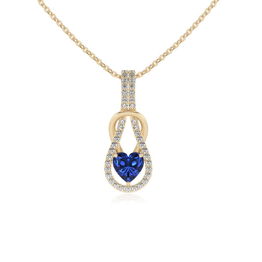 lab grown blue-sapphire heart infinity v-bale necklaces in yellow gold