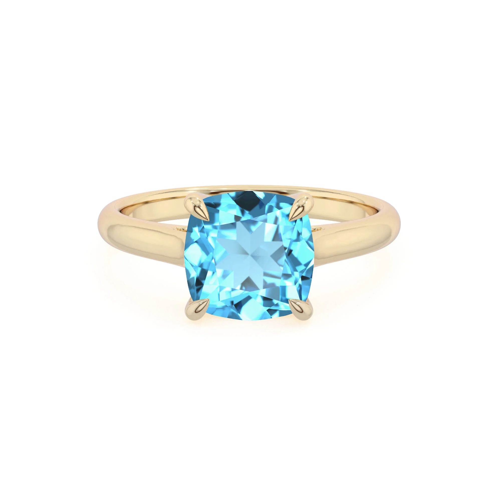 natural swiss-blue-topaz cushion solitaire rings in yellow gold